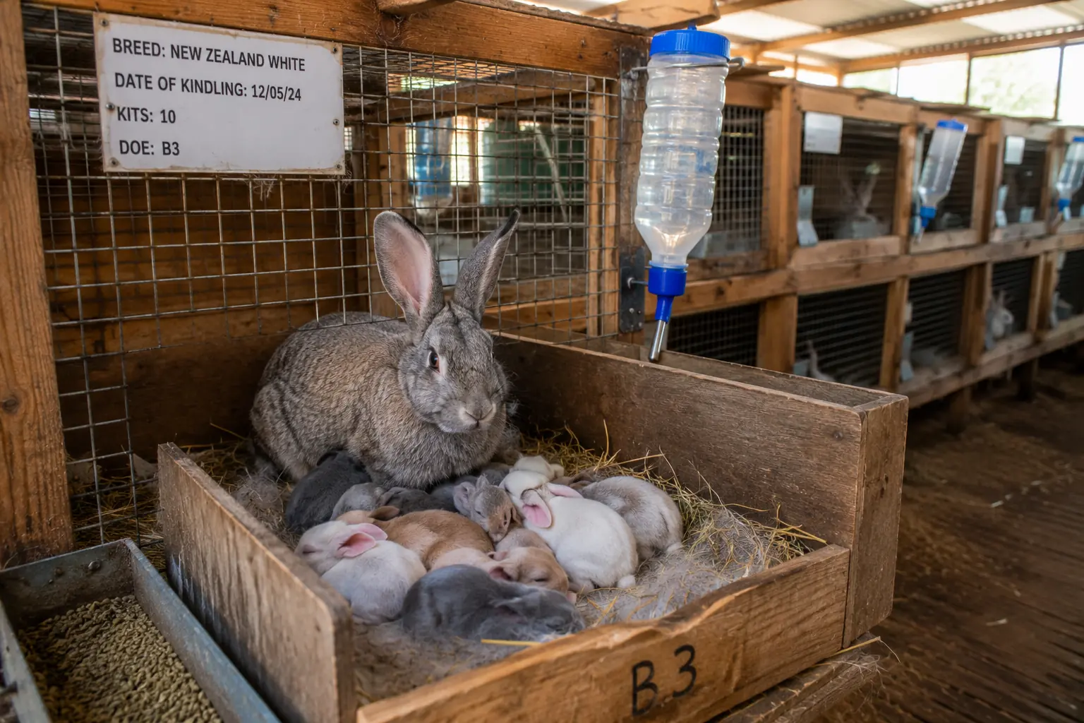 Rabbit kits in a nesting box on a South African rabbit farm, 10 days old