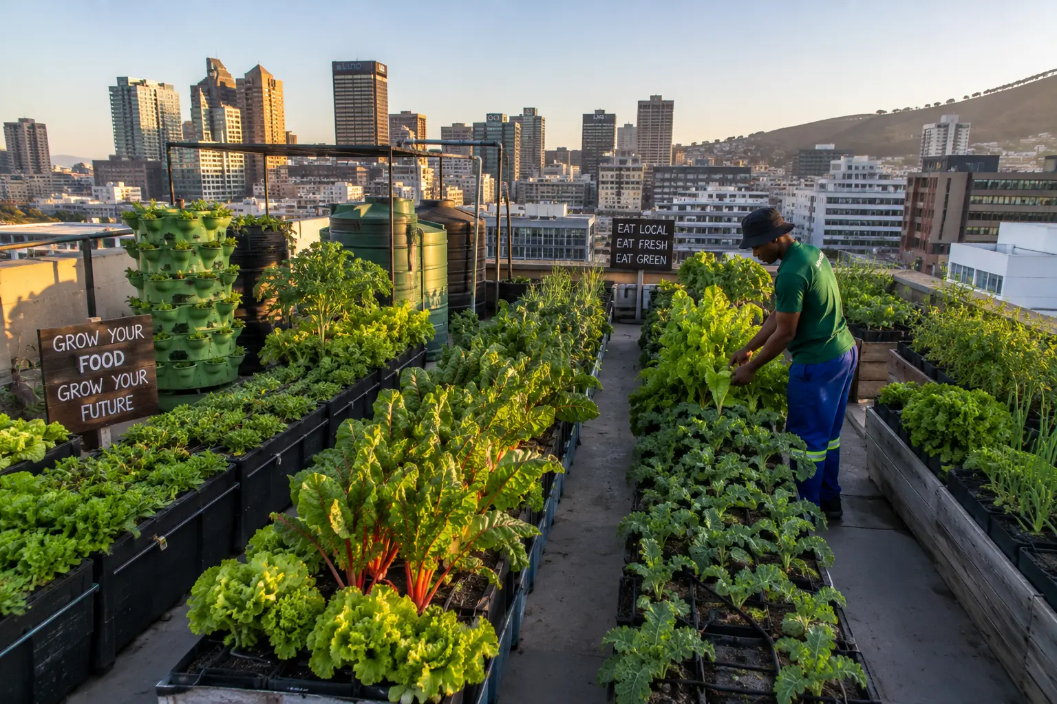 Productive rooftop food garden in a South African city with container vegetable beds and a skyline view