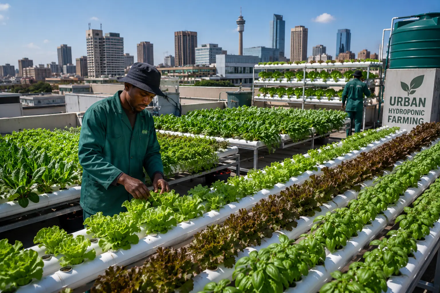 Hydroponic NFT channels on a South African rooftop growing lettuce and herbs for restaurant supply