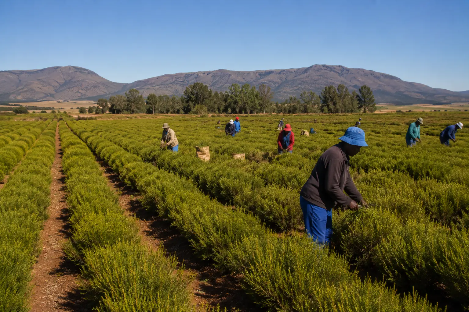 Rooibos tea farming in the Cederberg mountains of the Western Cape, South Africa, rows of Aspalathus linearis plants on red sandy soil