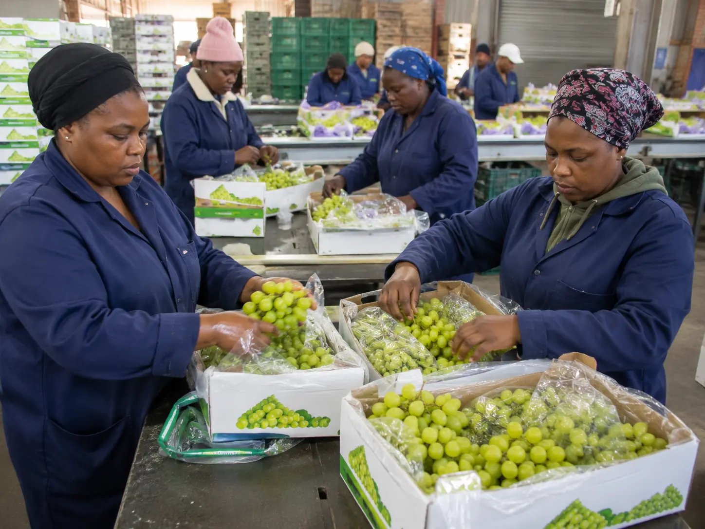 Workers packing South African export table grapes in a certified pack house for European markets