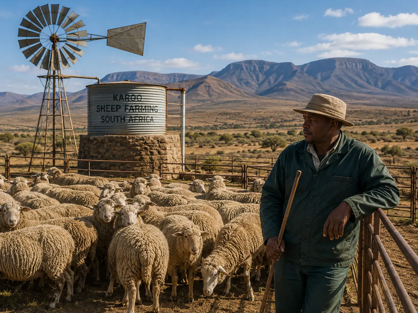 Sheep farming in the Karoo South Africa, Merino flock grazing on typical semi-arid Karoo veld