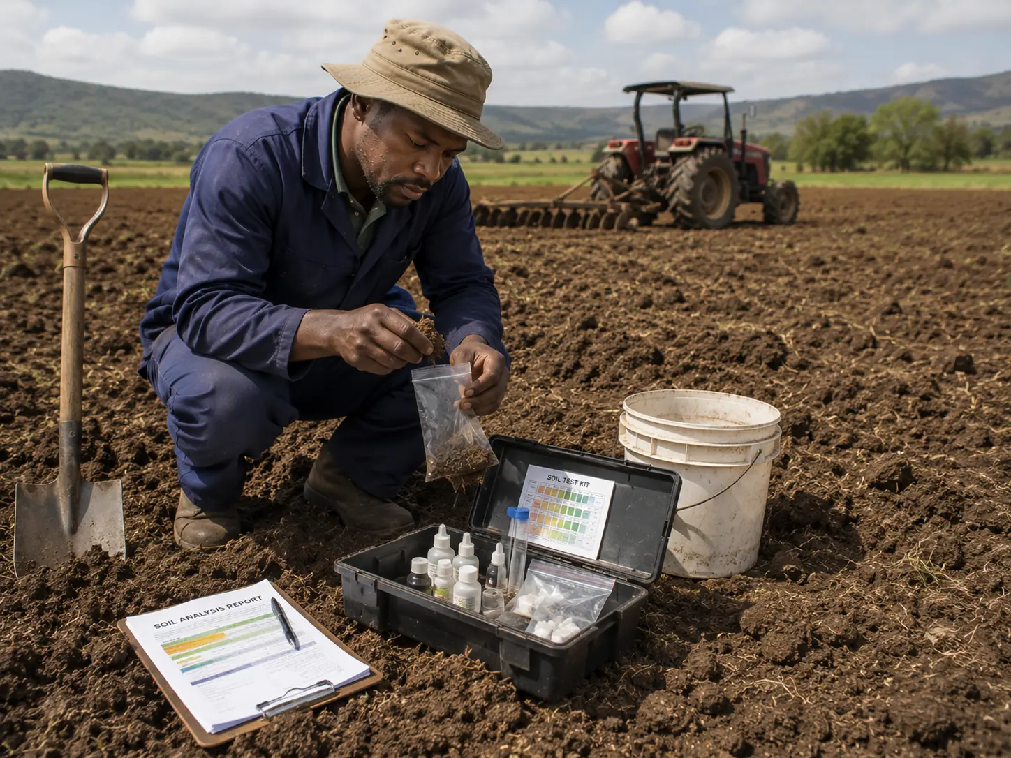 South African extension officer and farmer examining soil test results in a prepared field