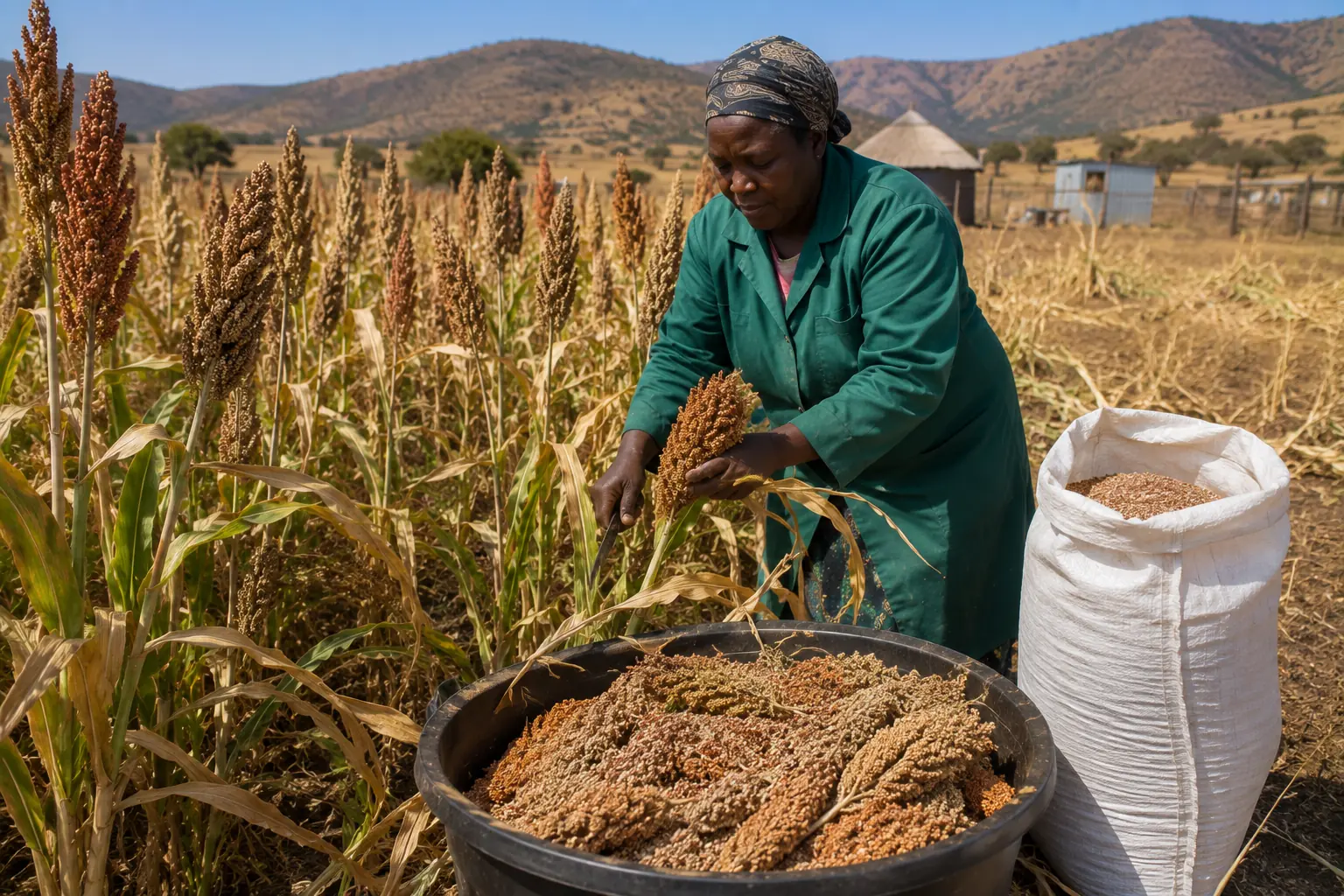 Sorghum grain harvest on a South African smallholder farm, heads being threshed by hand