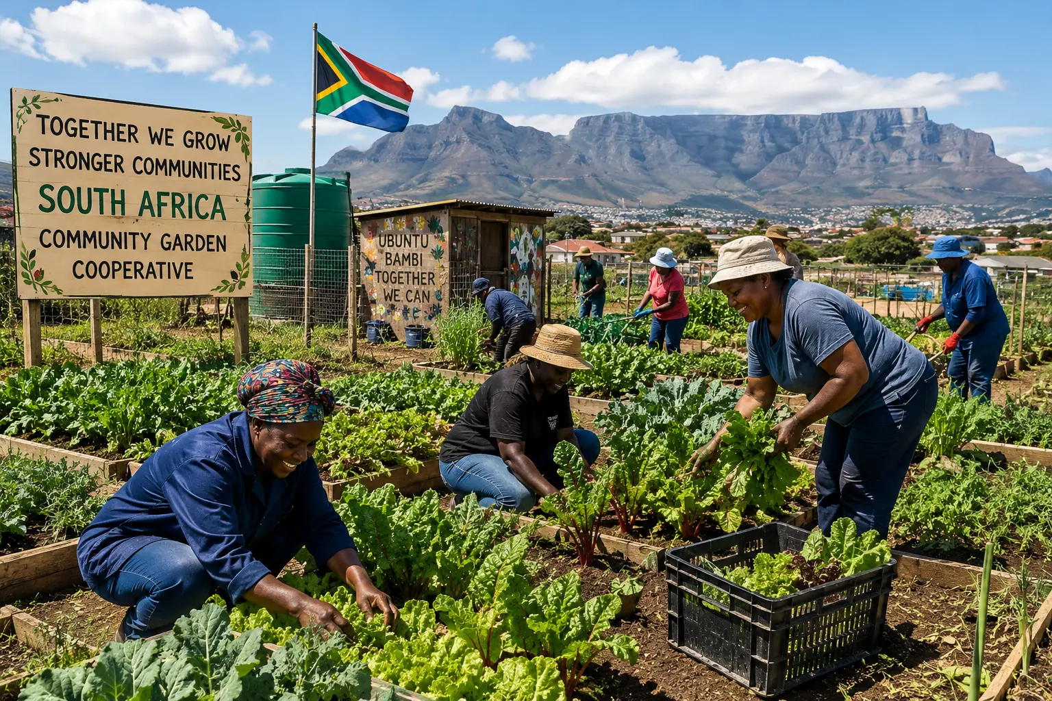 Community garden South Africa - cooperative food garden with members working raised vegetable beds