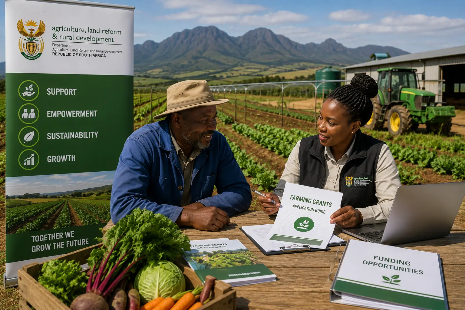 Extension officer and smallholder farmer inspecting a funded irrigation project in South Africa