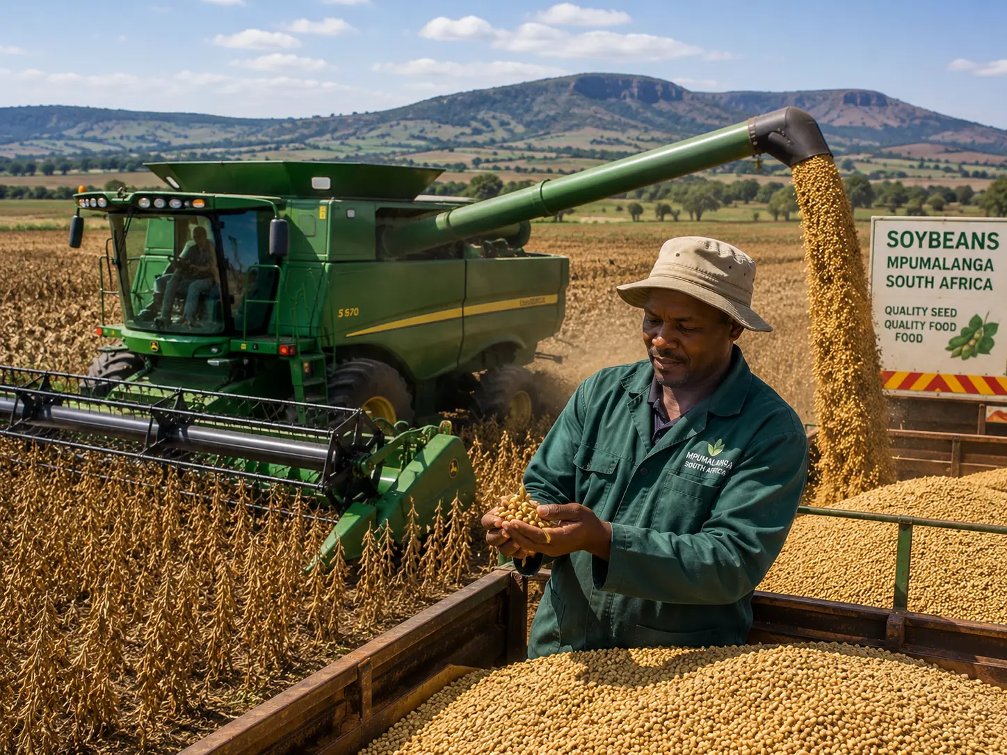Soybean combine harvest in Mpumalanga, South Africa, golden pods ready for combining