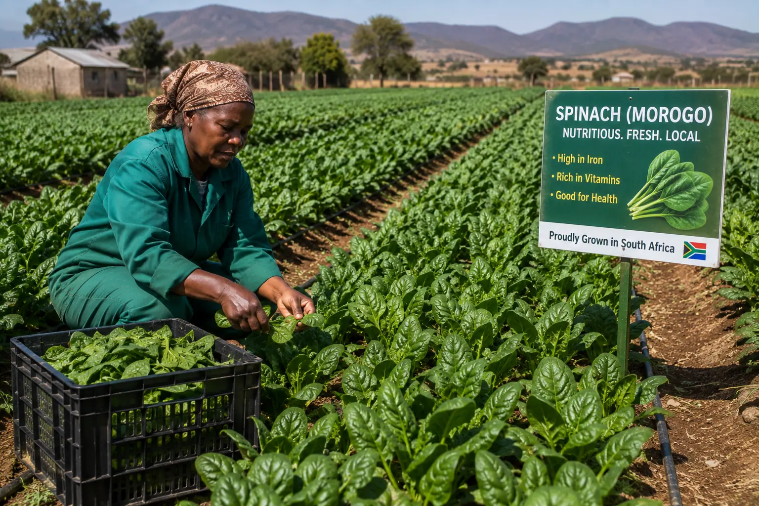 Spinach and morogo farming in South Africa, rows of leafy greens growing in a smallholder field