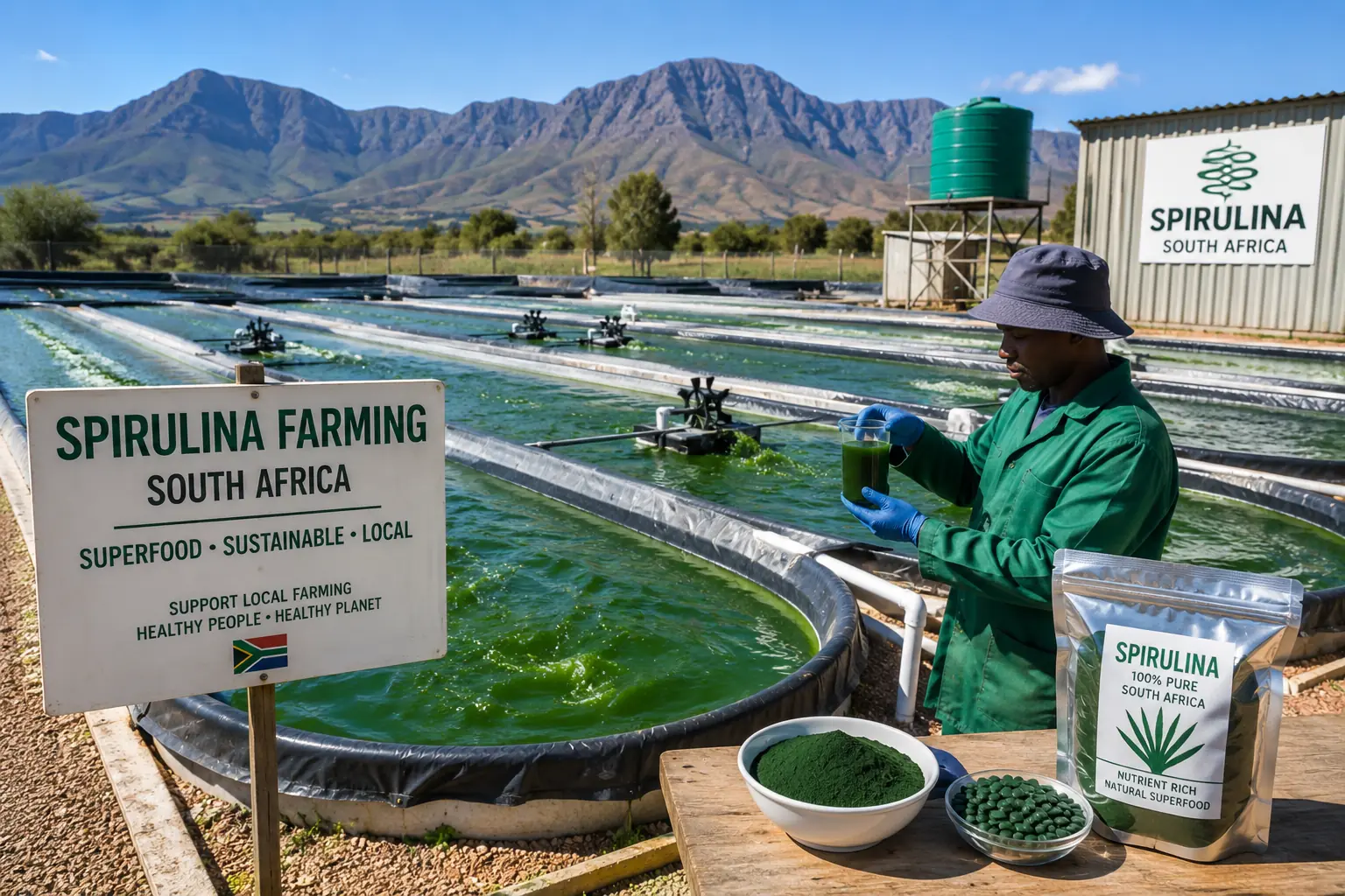 Spirulina cultivation in open raceway ponds in South Africa, bright green algae growing in shallow water channels