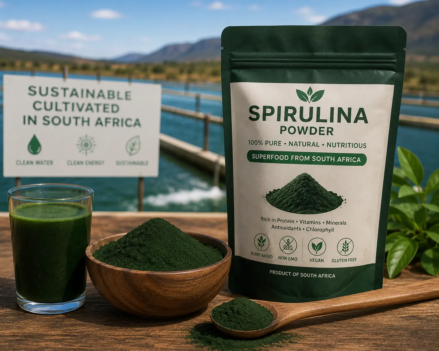 Dried spirulina powder produced at a small-scale South African spirulina farm for the health food market
