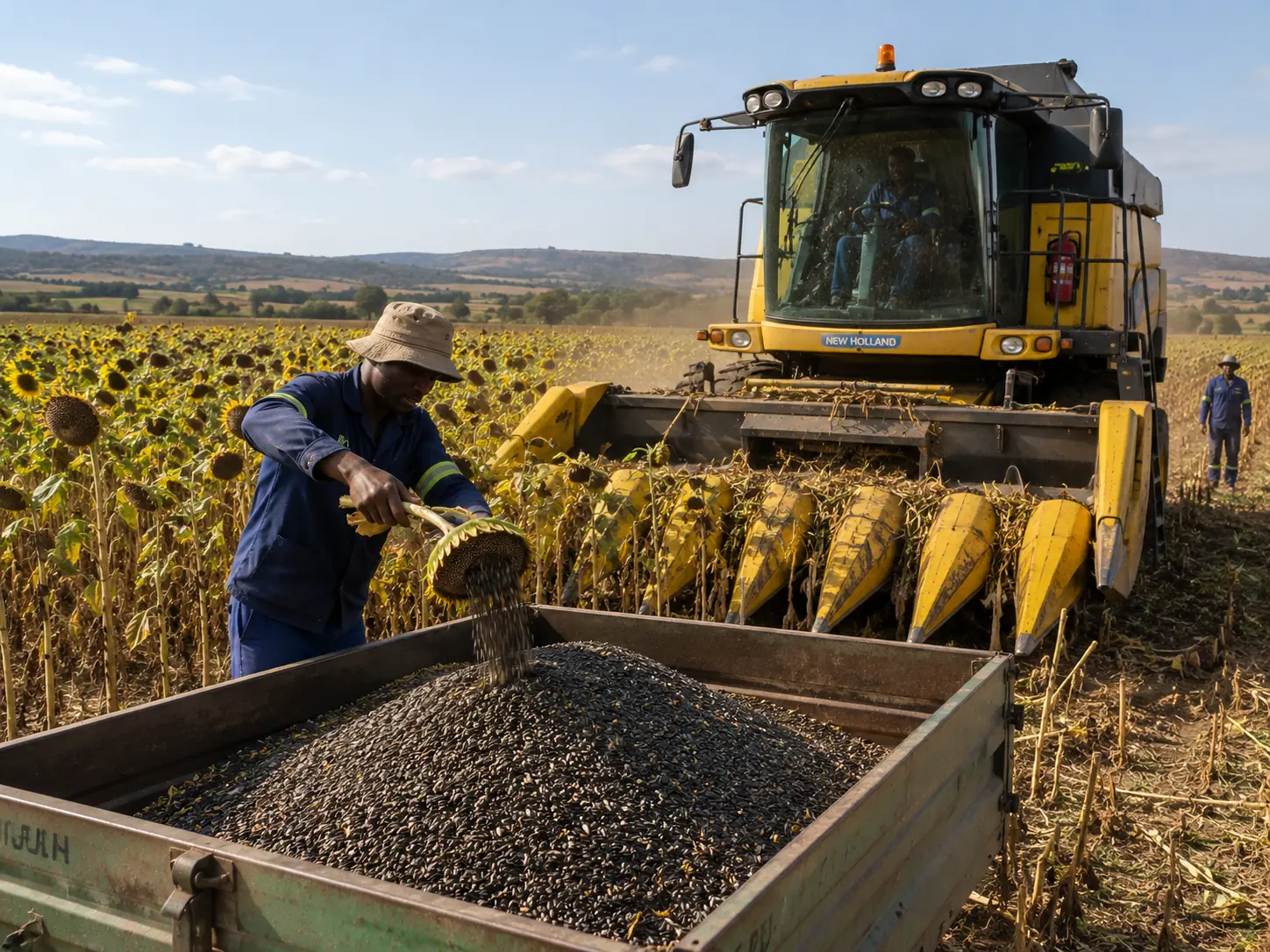 Sunflower oilseed harvest in South Africa, combine harvesting mature sunflower field