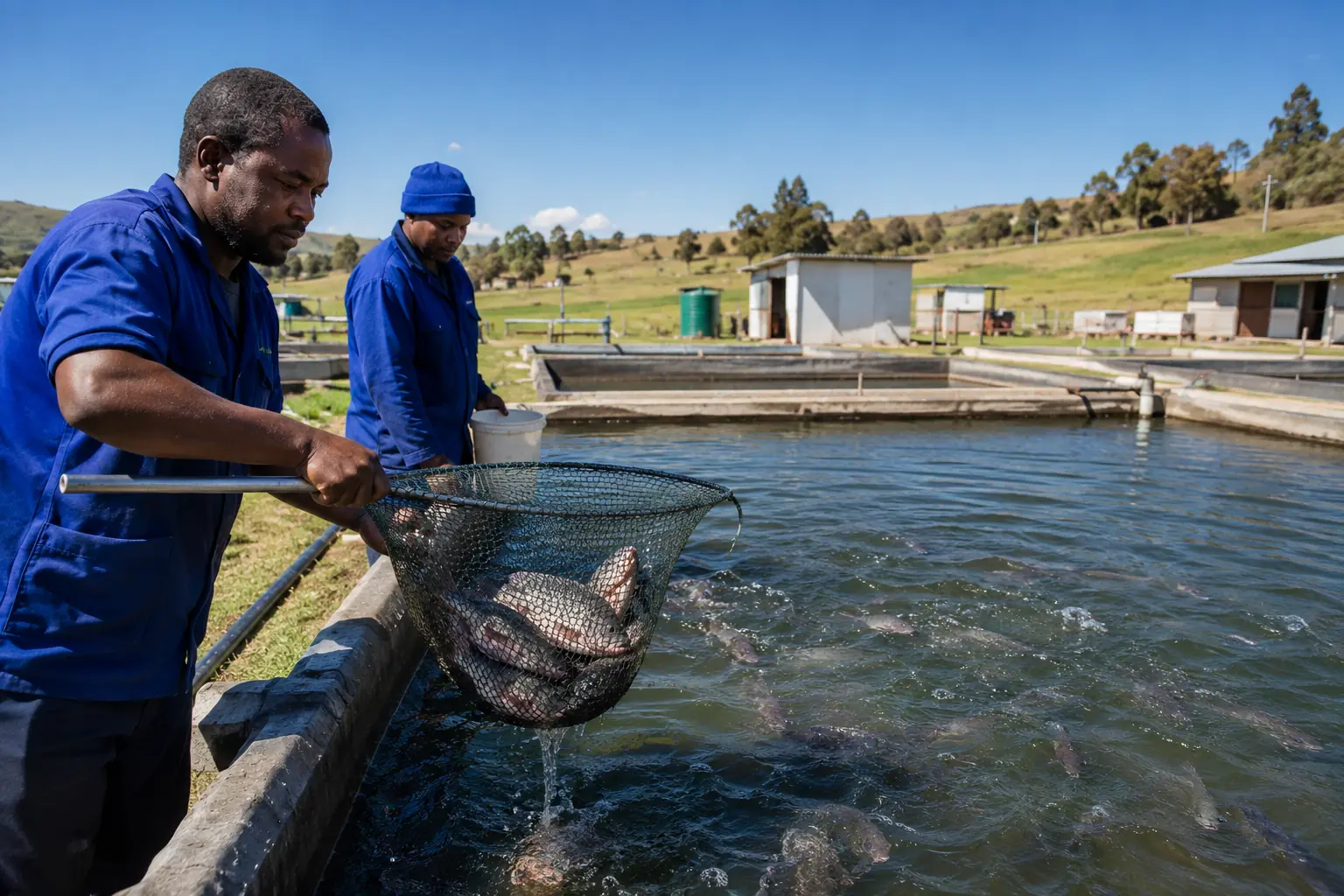 Tilapia fish farming in South Africa, healthy Nile tilapia in a concrete production pond at a smallholder aquaculture farm in Limpopo
