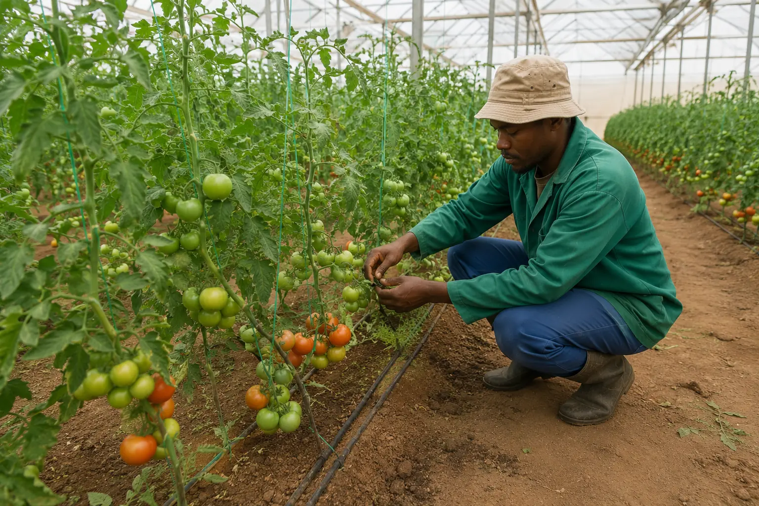 Commercial tomato farming in South Africa, greenhouse tomato production with trellised plants