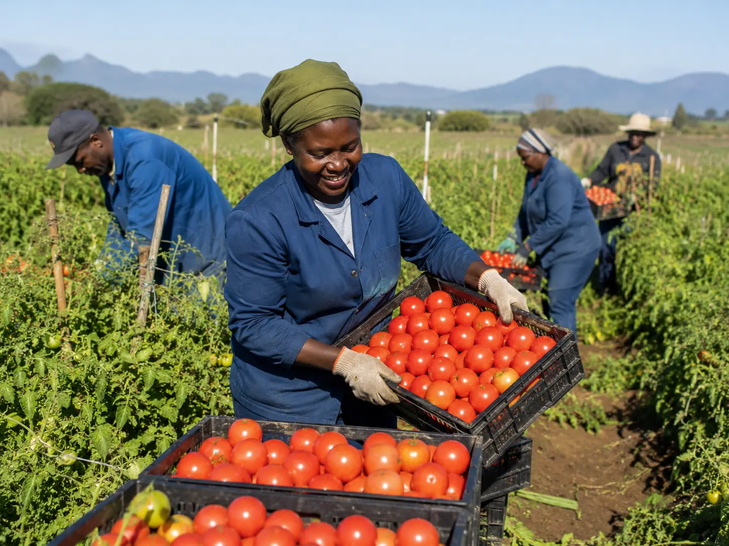 Tomato harvest on a South African smallholder farm, workers picking ripe red tomatoes