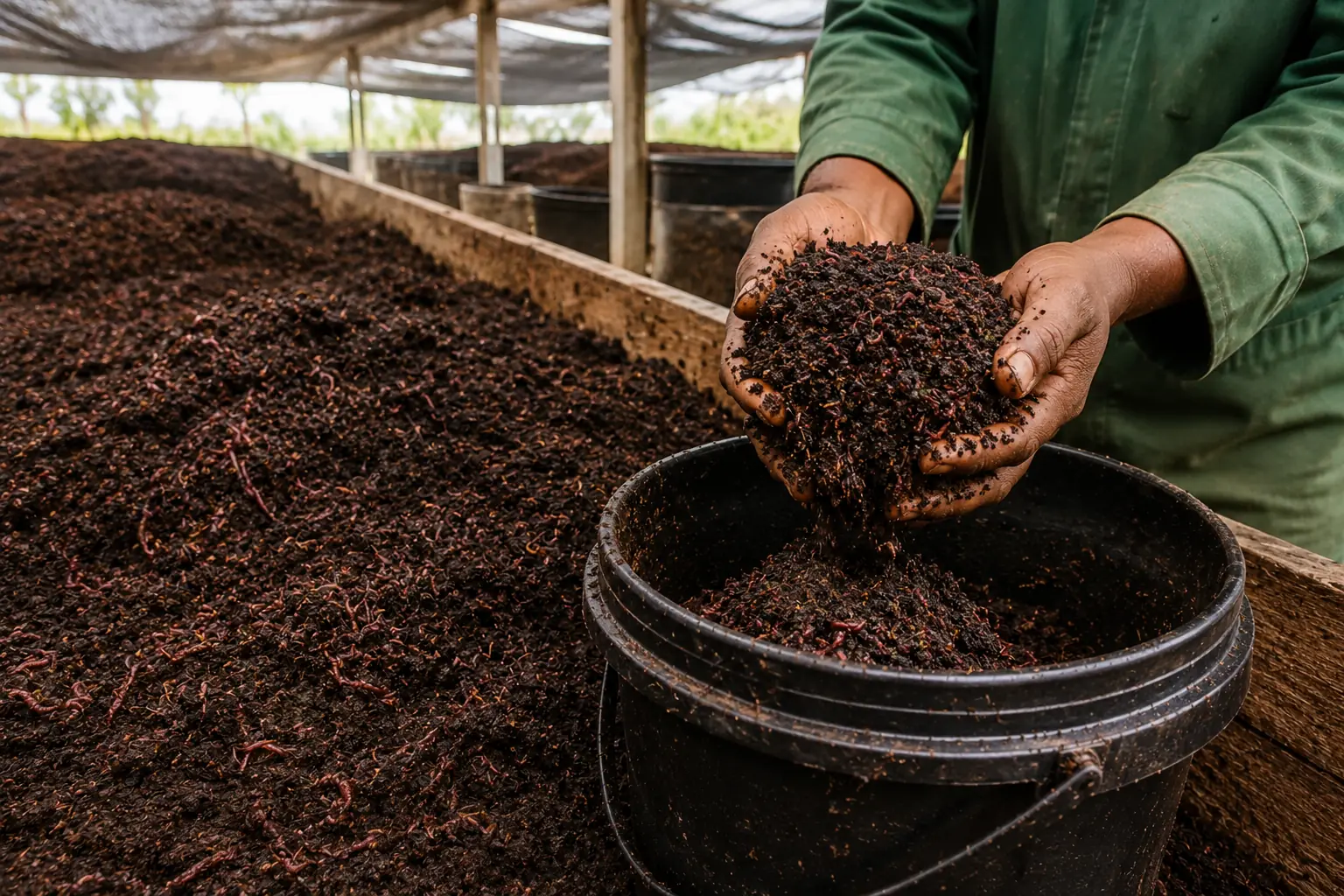 South African farmer harvesting dark vermicompost castings from a worm bed for sale