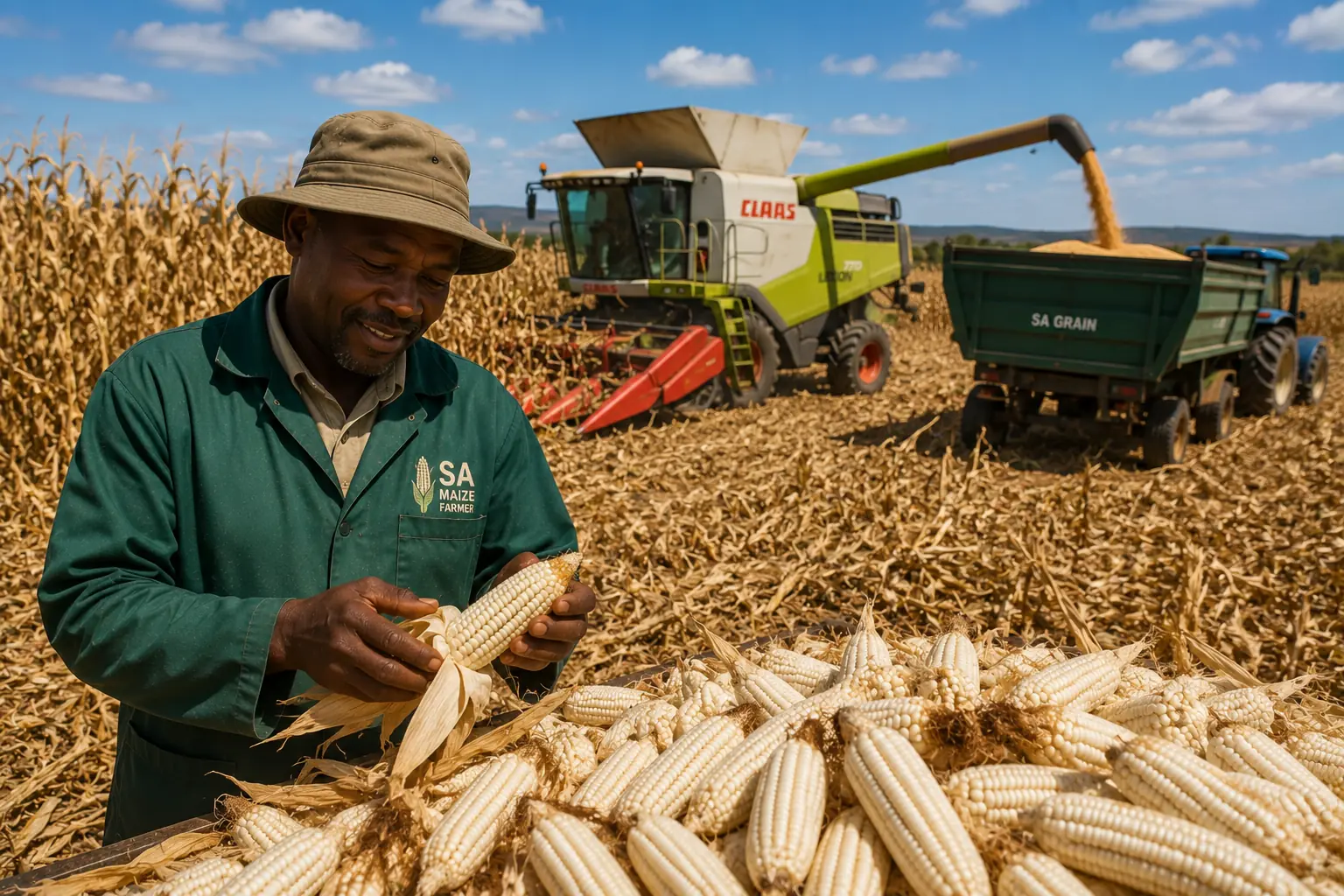Combine harvester cutting mature white maize in South Africa during the autumn harvest season