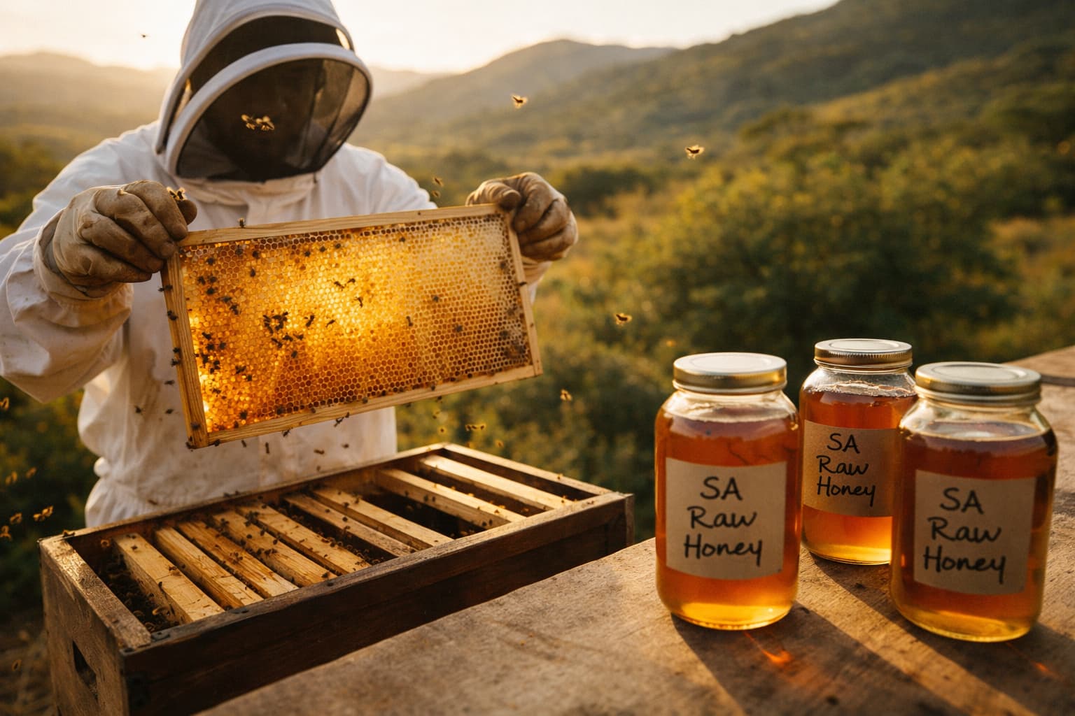 South African beekeeper harvesting honey from a Langstroth hive