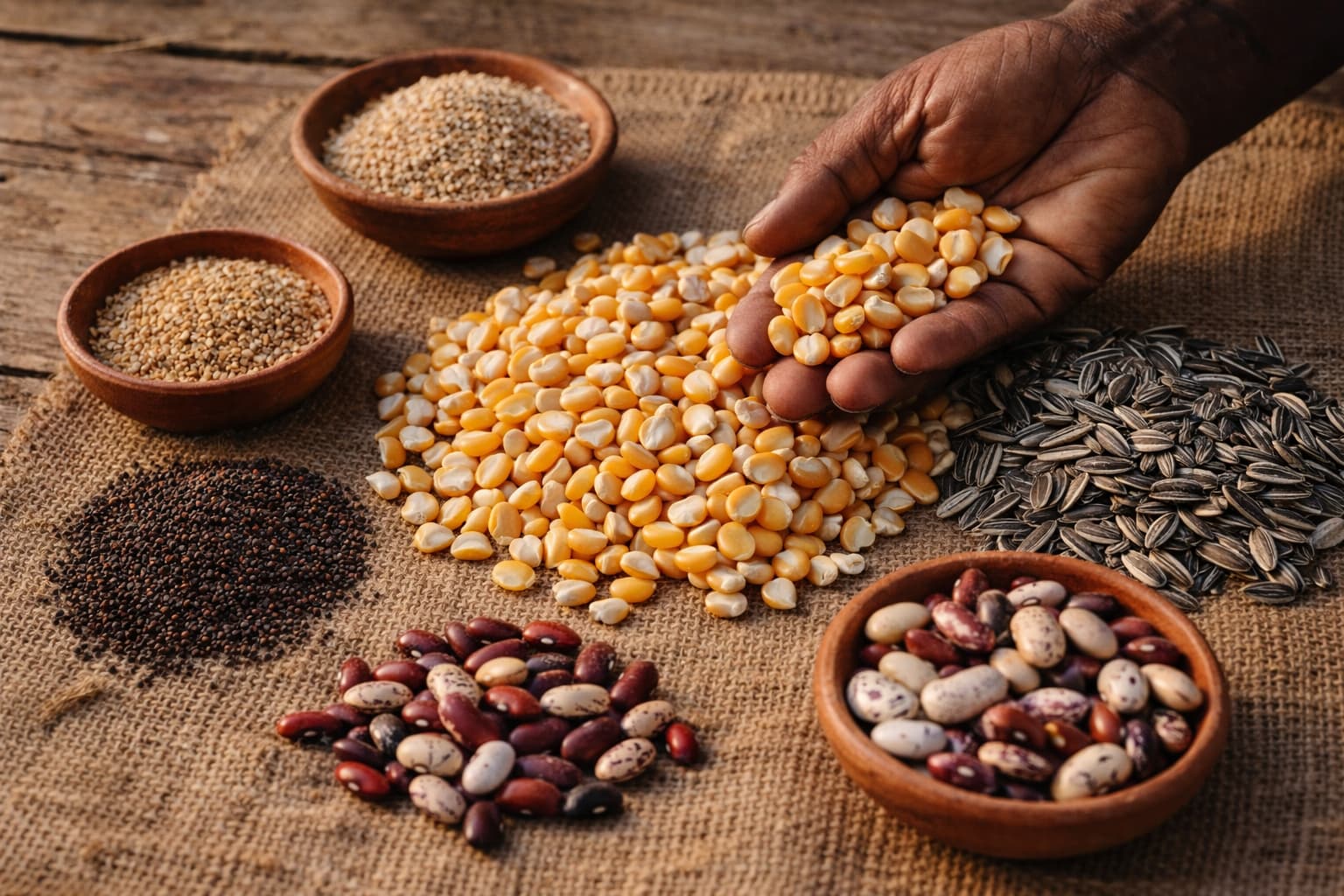 South African farmer selecting seeds for planting