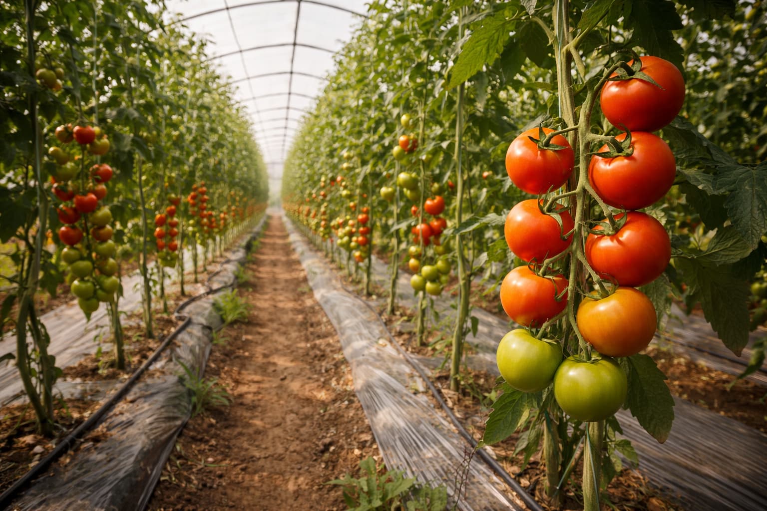 Tomatoes growing in a tunnel greenhouse South Africa